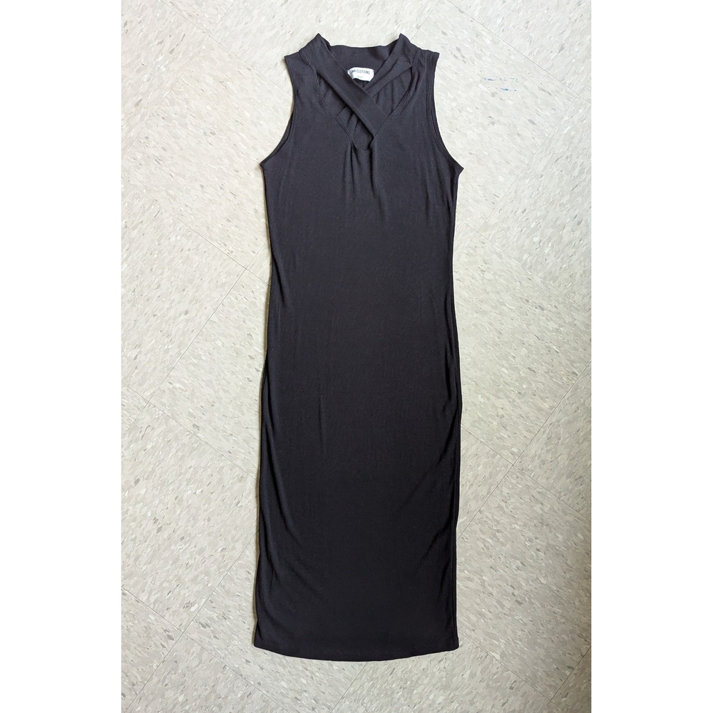 LNA Clothing Ribbed Midi Dress Black Criss Cross Neck Keyhole Sleeveless Medium - Picture 2 of 7